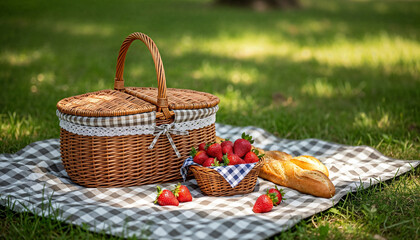 Cheerful picnic still life with strawberries, wicker basket, baguette, and dappled light on grassy blanket