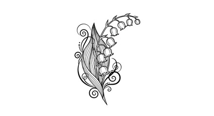 Lily of the Valley sketch: delicate illustration of a Lily of the Valley, with its graceful bell-shaped blooms and long elegant leaves in a refined monochrome design