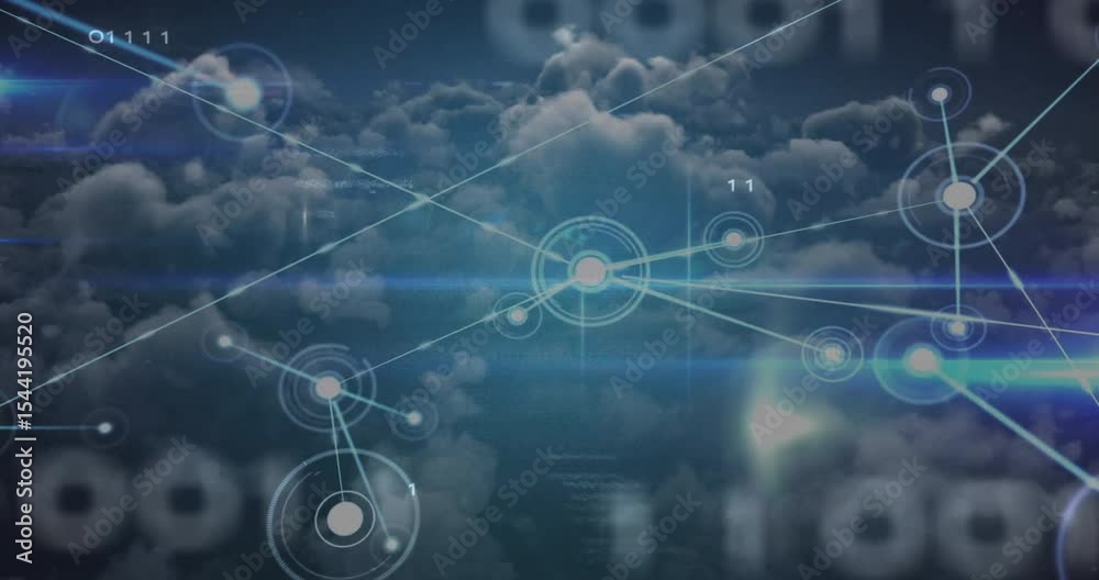 Poster circular node appearing triggers nodes connecting with glowing lines, illustrating network growth