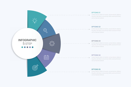 Semicircle pie chart divided into 5 parts. Concept of five step infographic