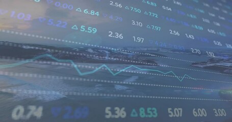 Upon aerial seascape reveal data overlay updating rows, oscillating charts simulating market shifts - Powered by Adobe