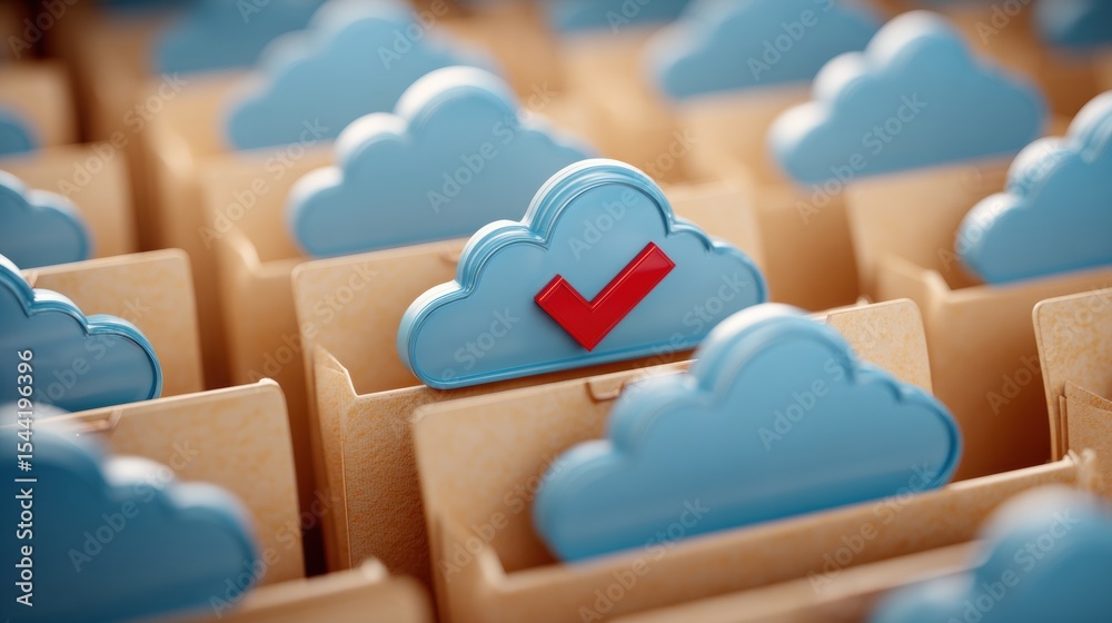 Poster cloud storage safety checklist with blue clouds and red checkmark symbolizing secure data management