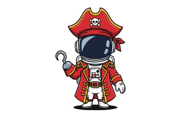 Cartoon Astronaut Pirate Adventure character transformed into a pirate, complete with a red coat, hat, and hook hand, ready for a space-faring swashbuckling adventure.