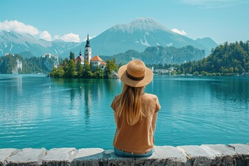 Travel Slovenia Europe Woman Looking on Bled Lake with Island Castle and Alps Mountain