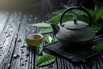 High Resolution Picture of Closeup of Green Tea with Teapot on Black Bamboo Table
