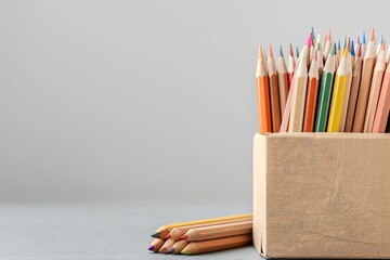 A Collection of Pencils a Box and a Box of Brown Paper Are on a Gray Background