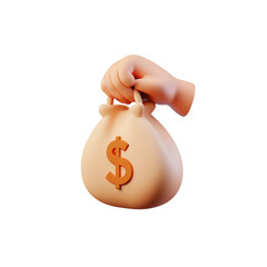 3D illustration of a money bag in hand symbolizing wealth and finance

