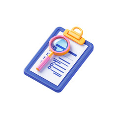3D icon of a clipboard with a checklist and a magnifying glass

