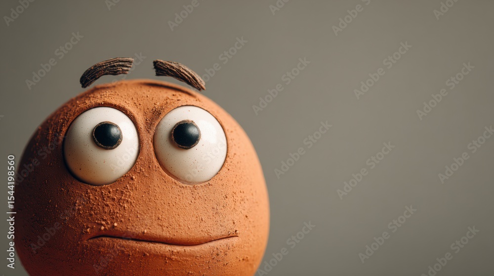 Poster clay character with wide eyes expresses surprise in simple setting