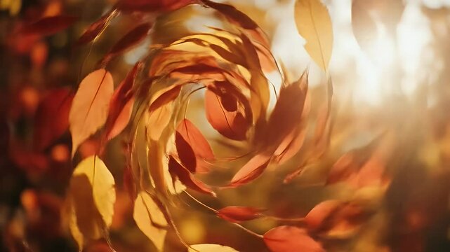 Autumn leaves in a twirling vortex illuminated by warm sunlight