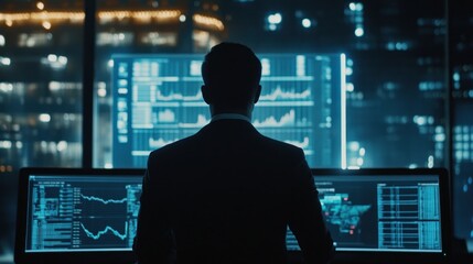 Financial analyst overseeing stock market data at night in office
