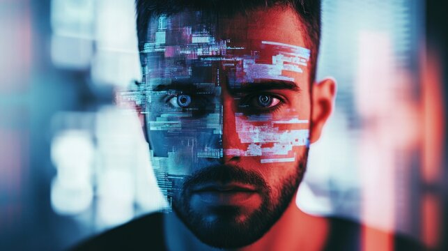 Futuristic man with digital interface overlaid onto face, technology future concept - Powered by Adobe