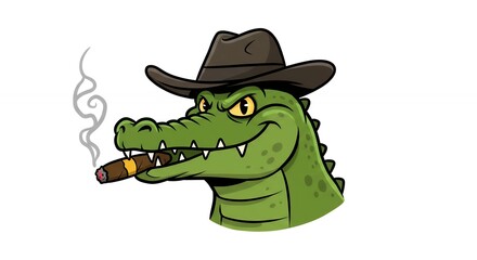 Cartoon crocodile wearing cowboy hat smoking cigar