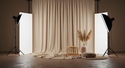 Photoshoot Studio room background with cream vibe interior and decoration and Photography Tools Set, made by Ai