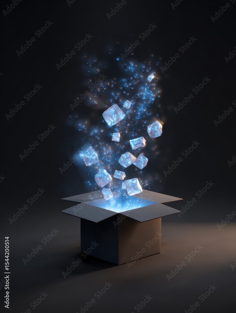 Poster glowing shapes emerge from an opened box in a dark environment, creating a magical atmosphere of won