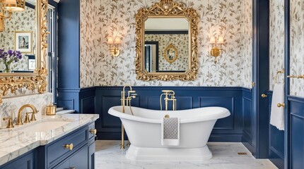 Luxurious, classic bathroom with navy blue accents and gold details
