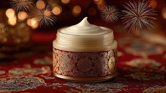 Luxe Cream Golden jar with red carpet, and firework bokeh.