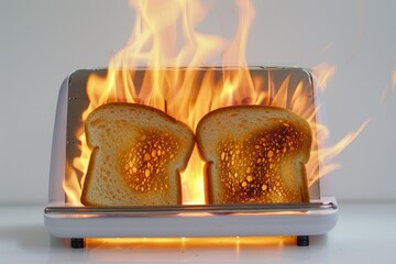 Burning toaster  Toaster with two slices of toast caught on fire over white background