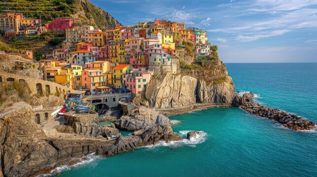 Manarola magic colorful houses cling to cliffside along Cinque Terre coast. - Powered by Adobe