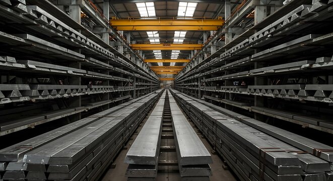 Metal Stockyard: Rows of Steel Beams and Industrial Warehouse