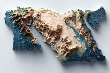 State border of Libya visualized in a photorealistic 3D topographic map with sharp contrast and elevation shading; full country view; useful for tourism maps, digital atlases, or educational content.