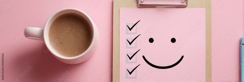 Poster explore daily small joys checklist for enhancing happiness with a warm drink