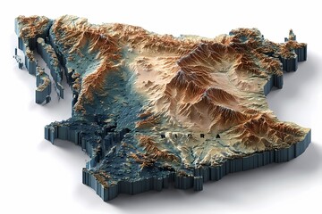 State border of Libya illustrated in a high-detail 3D terrain map with dramatic elevation, desert valleys, and coastal edges; located in North Africa; perfect for geography, education, or infographics