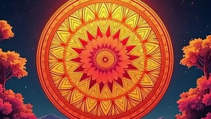 Seamless retro mandala wheel rotation animation in psychedelic flat vector warm color palette

 - Powered by Adobe