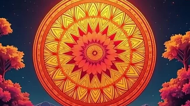Seamless retro mandala wheel rotation animation in psychedelic flat vector warm color palette

