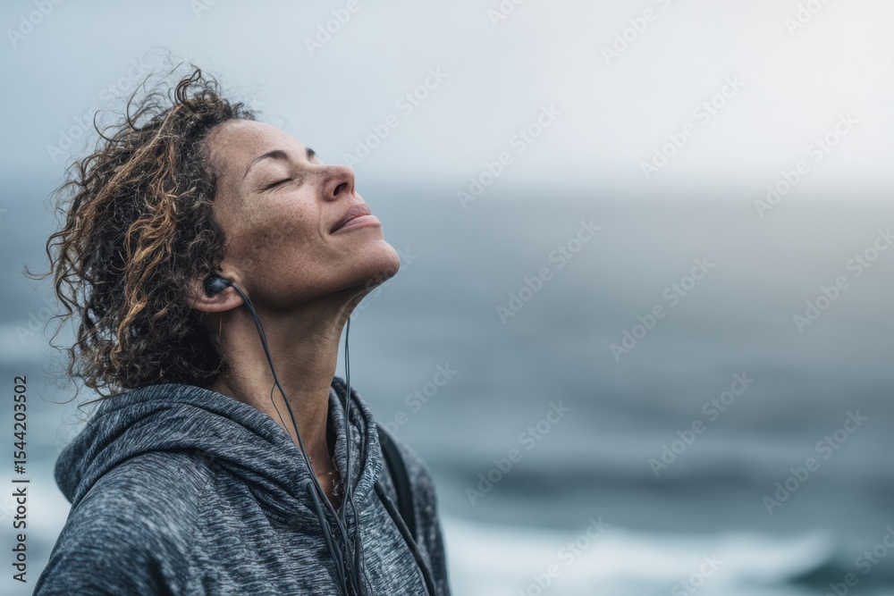 Poster participating in a 7-day mental clarity challenge by the ocean while enjoying calming music