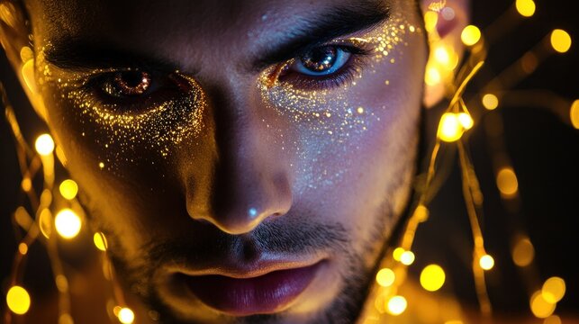 Intense gaze of a man adorned with golden glitter, bathed in warm light