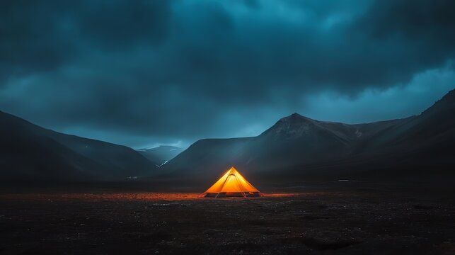 Glowing orange tent in mountains under dramatic sky