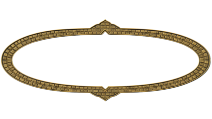 A goldcolored oval frame with a bricklike pattern sits against a black background The frame has decorative pointed sections at the top and bottom