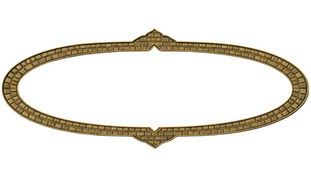 A goldcolored oval frame with a bricklike pattern sits against a black background The frame has decorative pointed sections at the top and bottom