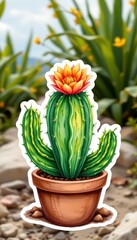 Vibrant Cactus Plant in Decorative Pot with Colorful Flower in Natural Outdoor Setting