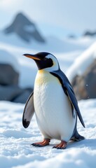 Obraz premium Majestic Penguin Standing on Snowy Ground with Rocky Background in Winter Landscape