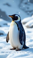 Fototapeta premium Adorable emperor penguin standing on snow-covered landscape in serene Arctic environment