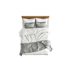 3D render of a bed with grey pillows, white bedding, and a wooden structure

