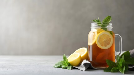 Refreshing iced tea with lemon slices and mint leaves served in a mason jar on a neutral background table.