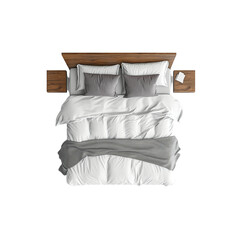 Modern bed with white duvet, grey pillows, and wood base on white background

