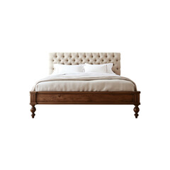 Front view of a modern bed with beige upholstered headboard and footboard

