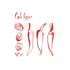 Set of red chili peppers slices and seeds with handwritten chilli pepper text on white background