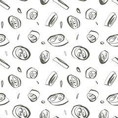 Seamless jalapeno pepper slice pattern in warm khaki green tones on white background for surface design