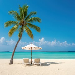 Fototapeta premium Tropical beach with palm tree, umbrella, and lounge chairs