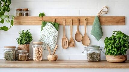 Utensils hanging near jars and herbs create a serene and natural culinary setting for cooking projects.