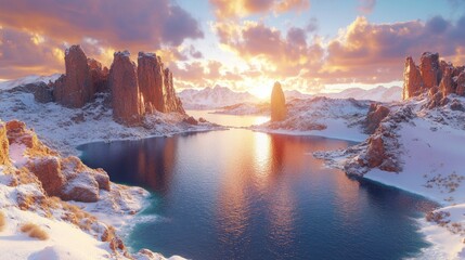 Fototapeta premium Snowy, desert lake at sunset