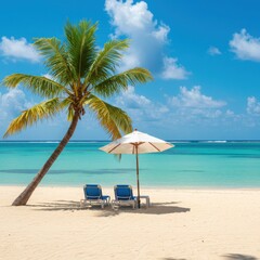 Obraz premium Tropical beach scene with palm tree, umbrella, and beach chairs