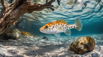 Underwater fish beneath driftwood