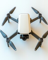 White drone with black components, camera visible