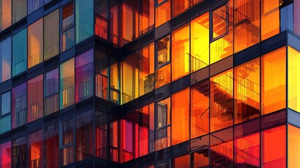 Colorful modern apartment building facade at dusk, showcasing vibrant interior light reflections through tinted windows
